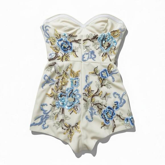 Mac Duggal Embellished Strapless Romper Size 2 Ivory Blue Beaded Floral Mini NWT - Picture 2 of 15